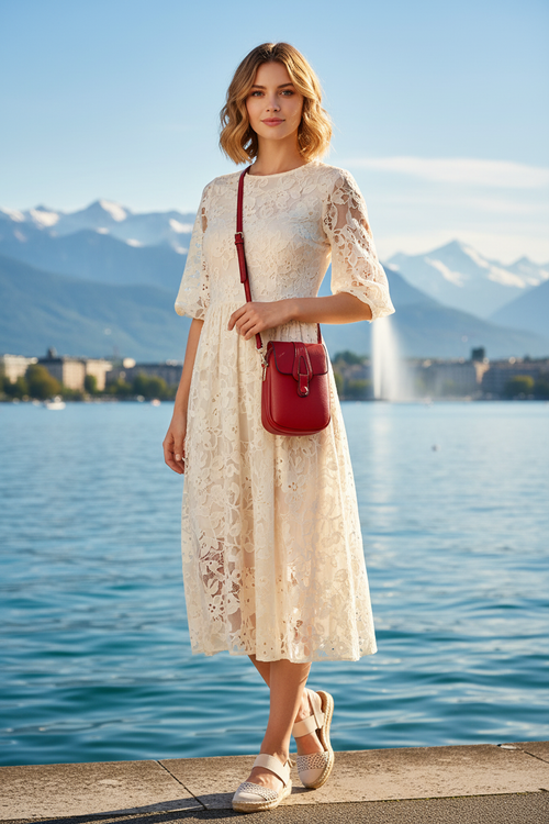 Femme européenne en tenue estivale avec le sac rouge à Genève